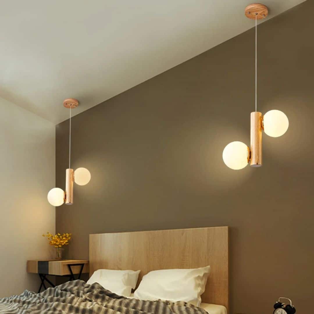 Lustre en Bois LED Suspendu avec Deux Boules