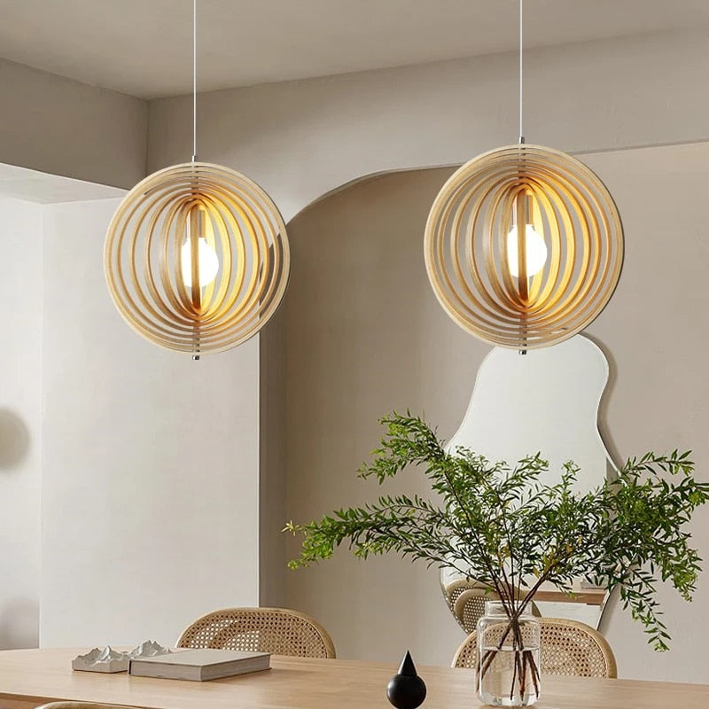Lustre en Bois Rotatif LED de Style Japonais