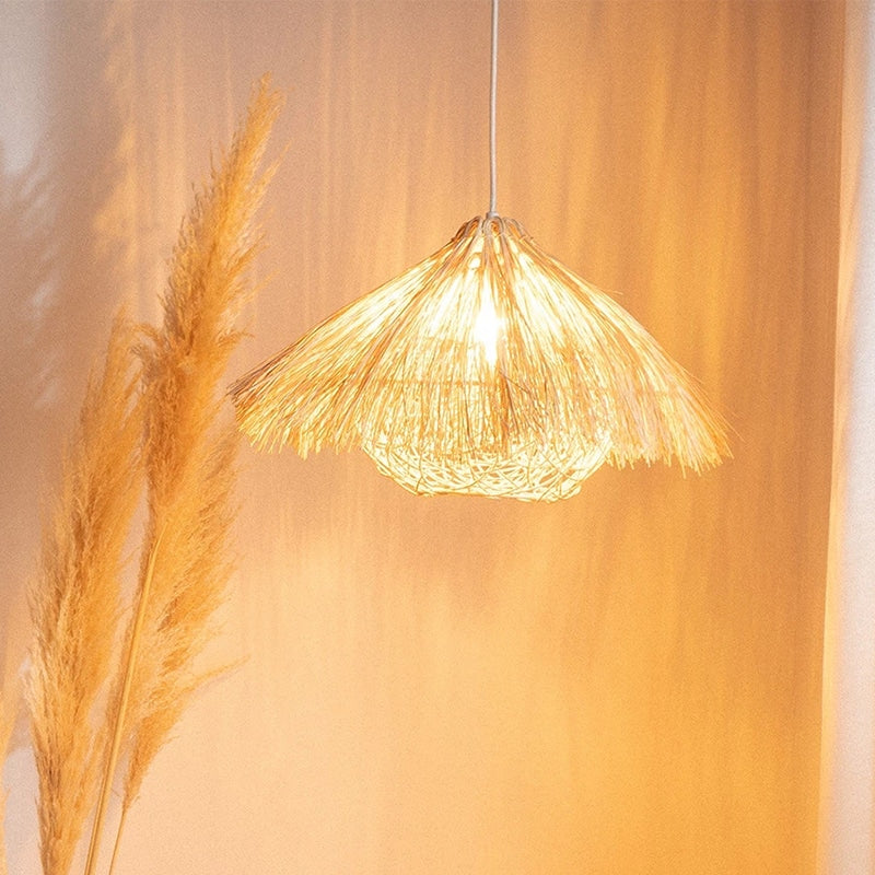 Lustre rond suspendu en bambou et bois, jaune