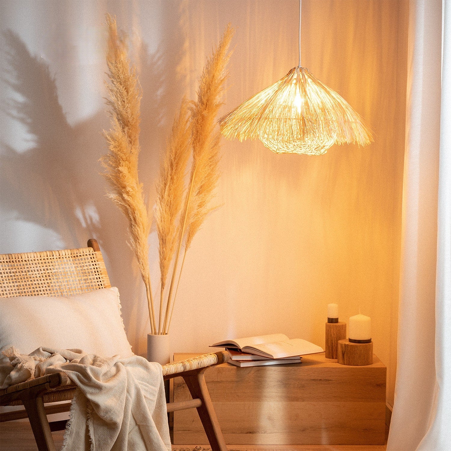 Lustre rond suspendu en bambou et bois, jaune