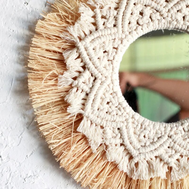 Miroir Bohème Tissé à la Main en Paille et Coton