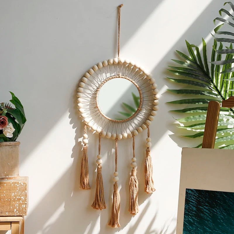 Miroir Bois avec Perles Style Attrape-Rêves