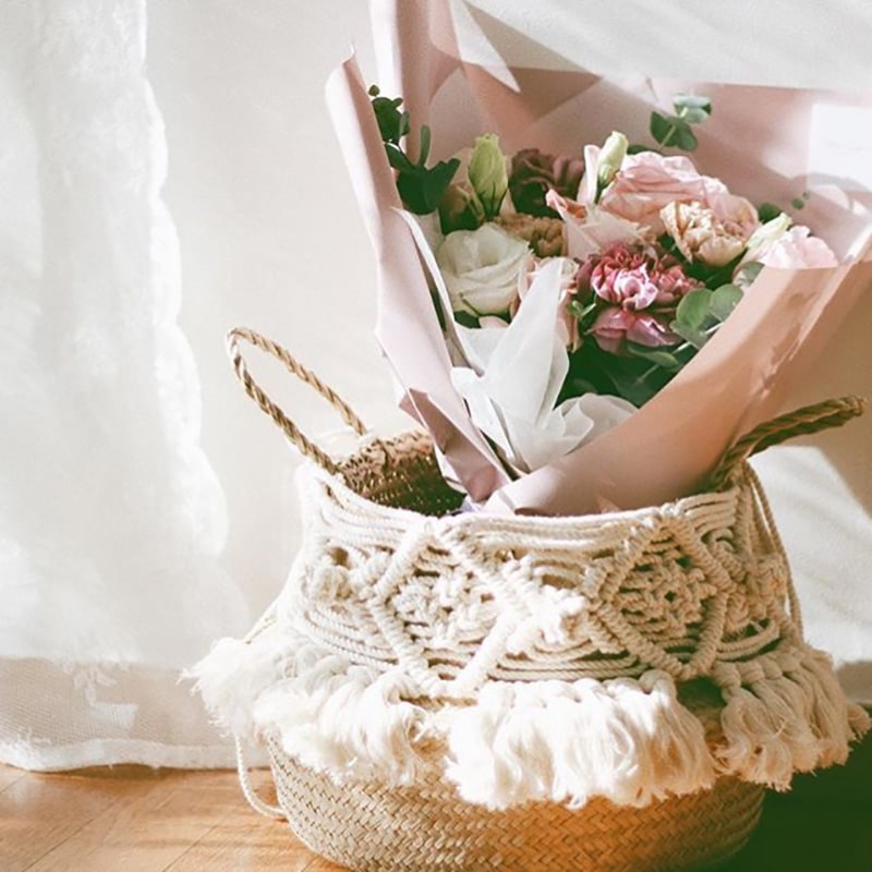 Panier de jardin en rotin décoratif avec pompon en macramé