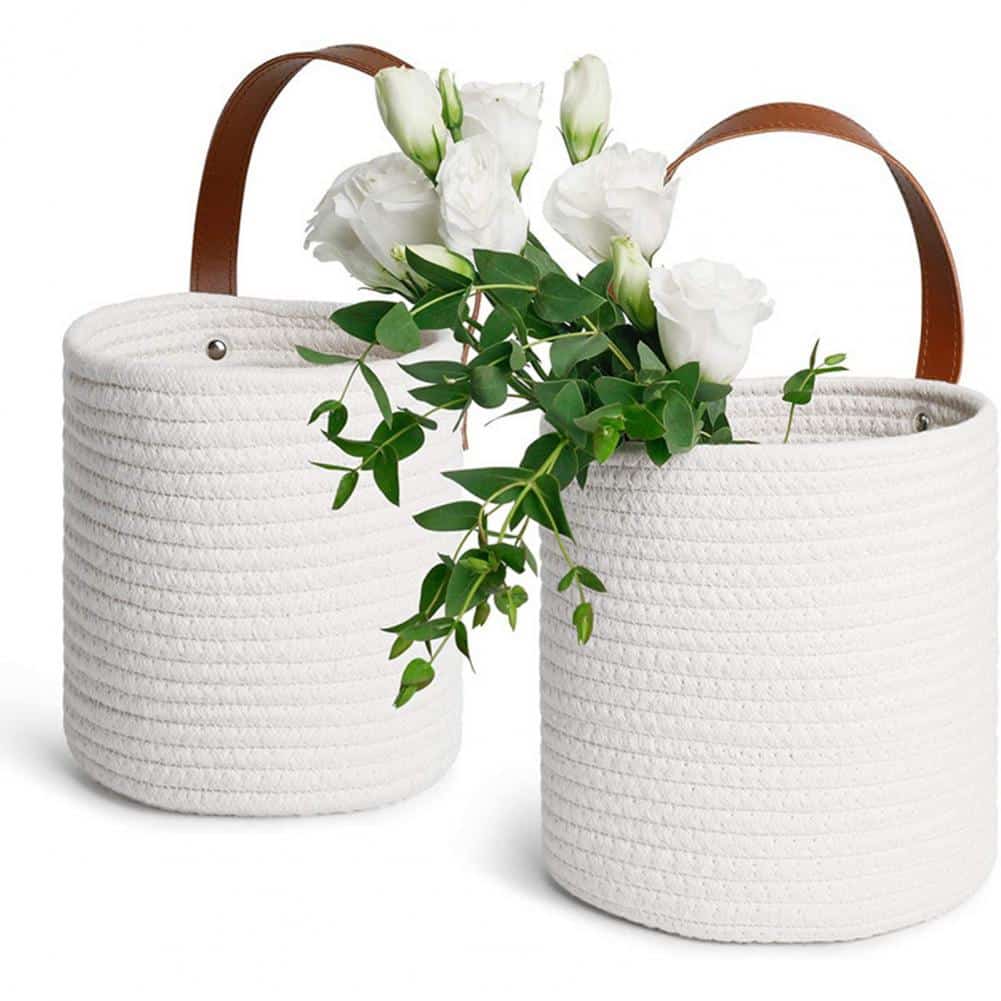 Panier de rangement à suspendre en fibre végétale blanche