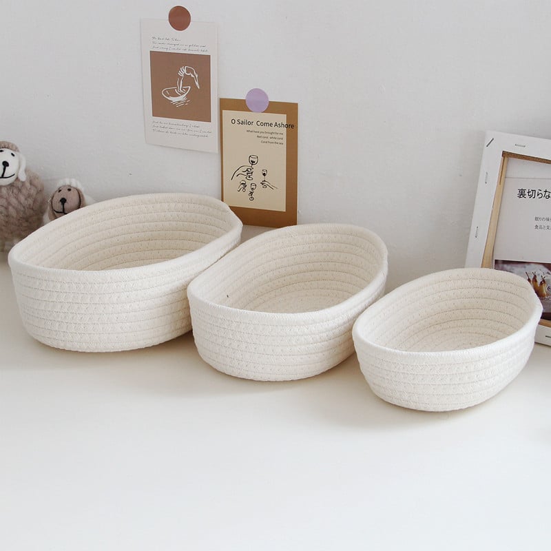Panier de rangement ovale blanc en corde de coton tissé de style nordique