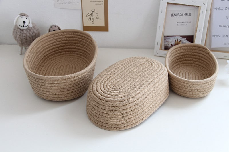 Panier de rangement ovale marron en corde de coton tissé de style nordique