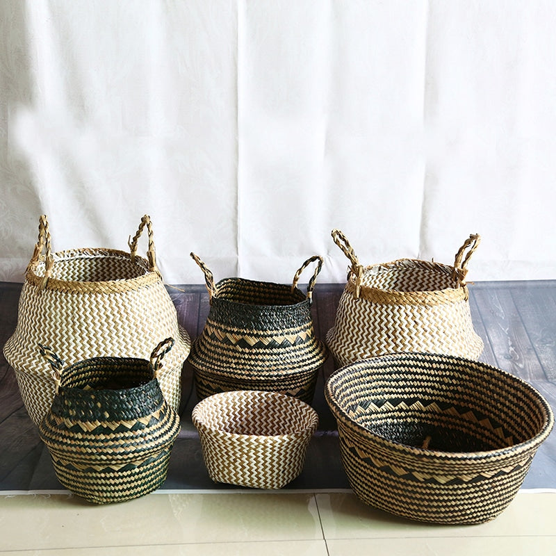 Panier de rangement pliable en osier style bohémien pour salle de bain