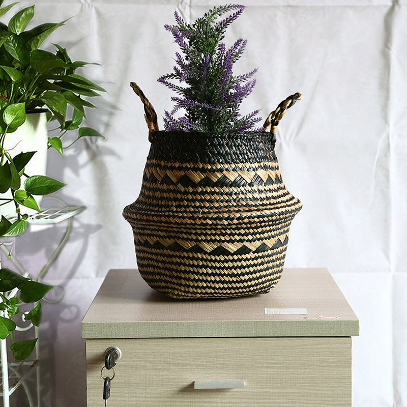 Panier de rangement pliable en osier style bohémien pour salle de bain