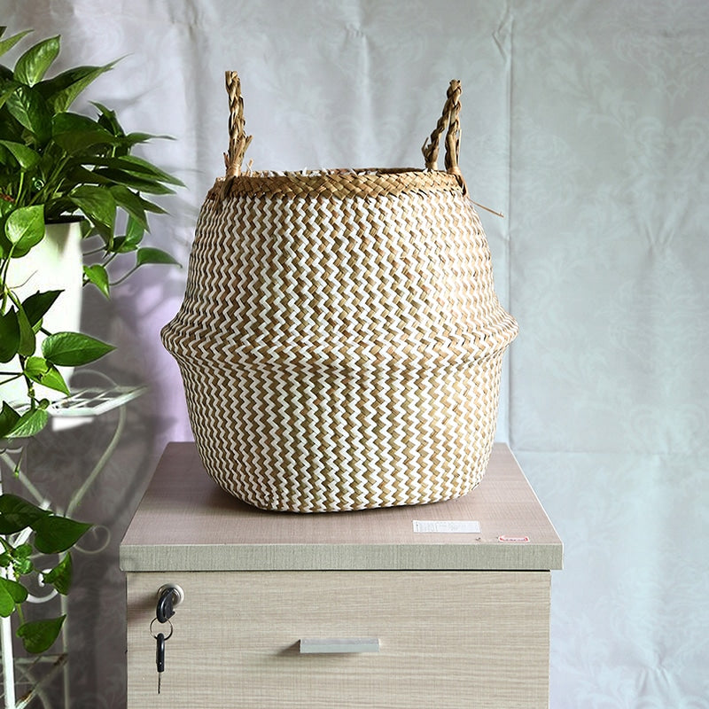 Panier de rangement pliable en osier style bohémien pour salle de bain