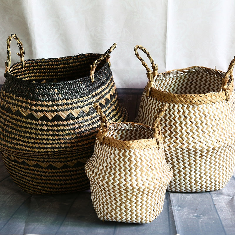 Panier de rangement pliable en osier style bohémien pour salle de bain