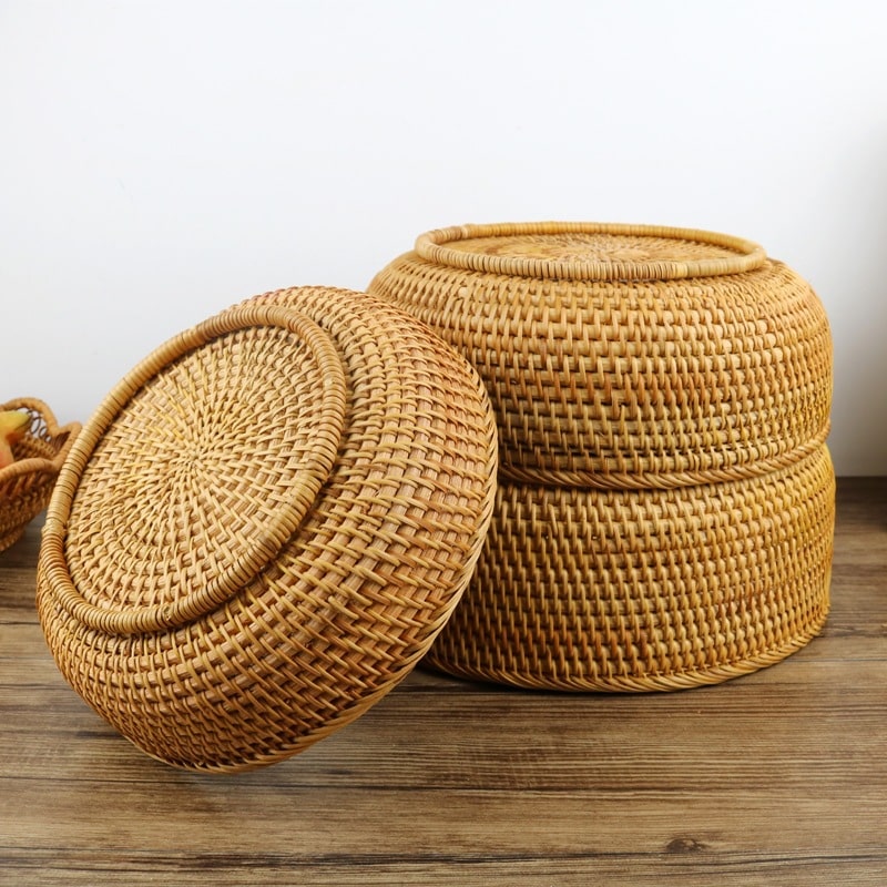 Panier de rangement rond tissé en rotin naturel et fibres de plantes