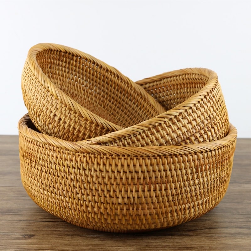 Panier de rangement rond tissé en rotin naturel et fibres de plantes