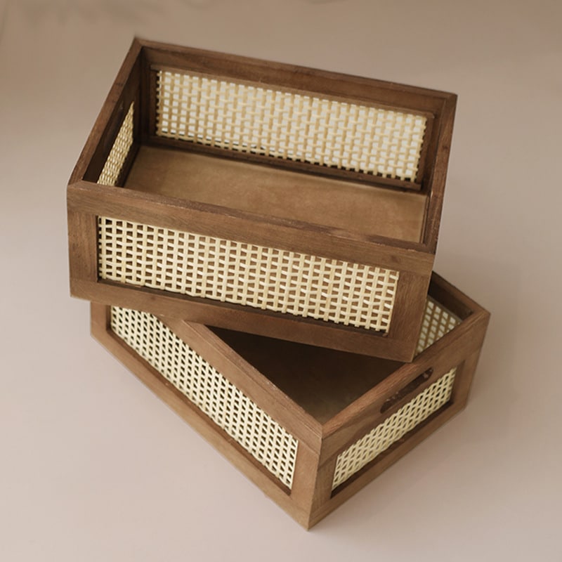 Panier de rangement vintage en bois massif et bambou