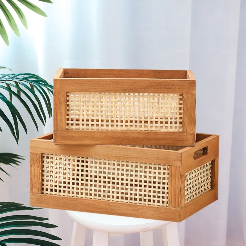 Panier de rangement vintage en bois massif et bambou