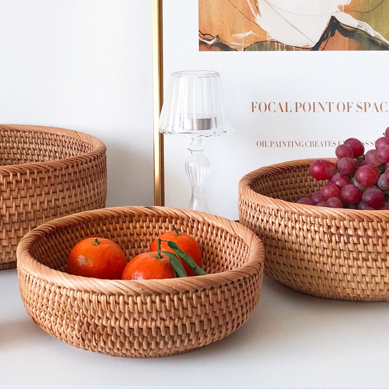 Panier de stockage d’aliments rond en rotin tissé à la main