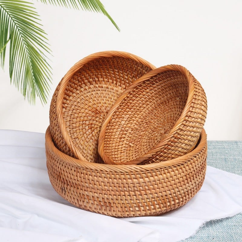 Panier de stockage d’aliments rond en rotin tissé à la main