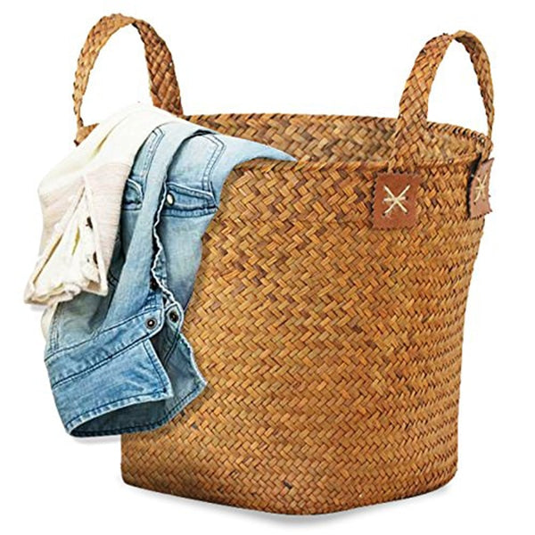 Panier en paille rond naturel fait à la main avec poignées