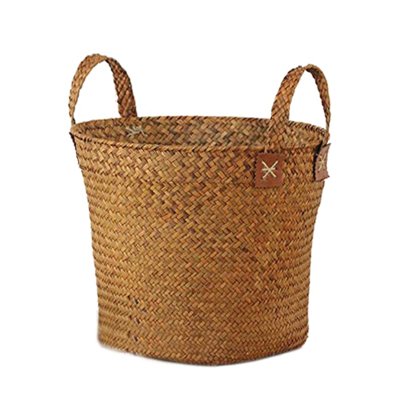 Panier en paille rond naturel fait à la main avec poignées
