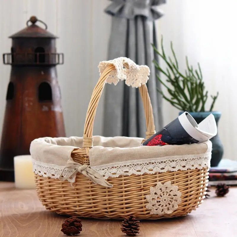 Panier Osier avec Doublure en Tissu et Poignée