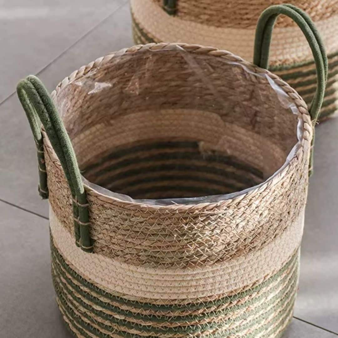 Panier en Rotin Bohème à Lignes Vertes