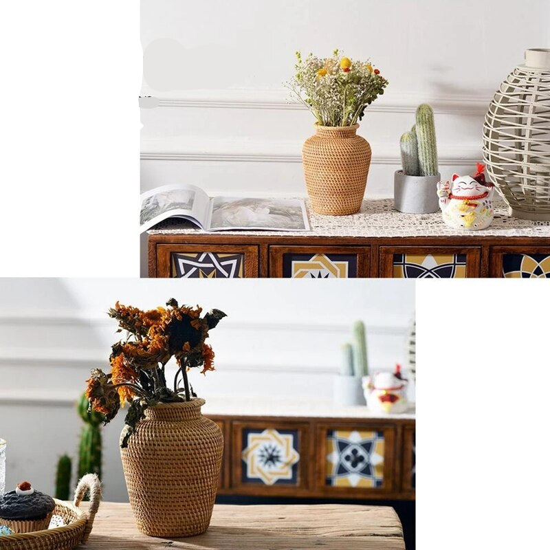 Petit vase en osier et rotin