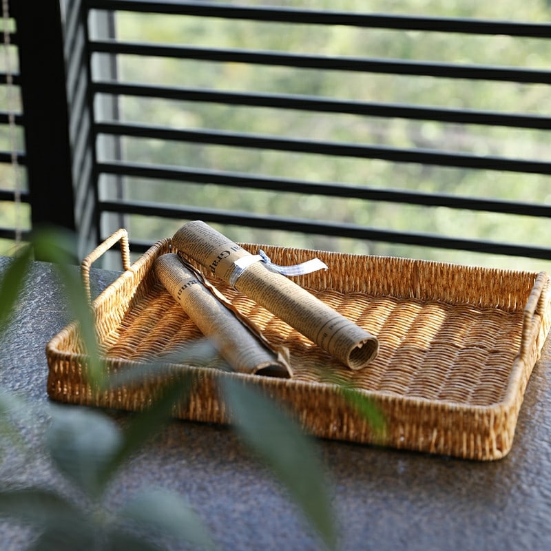 Plateau de rangement en imitation rotin