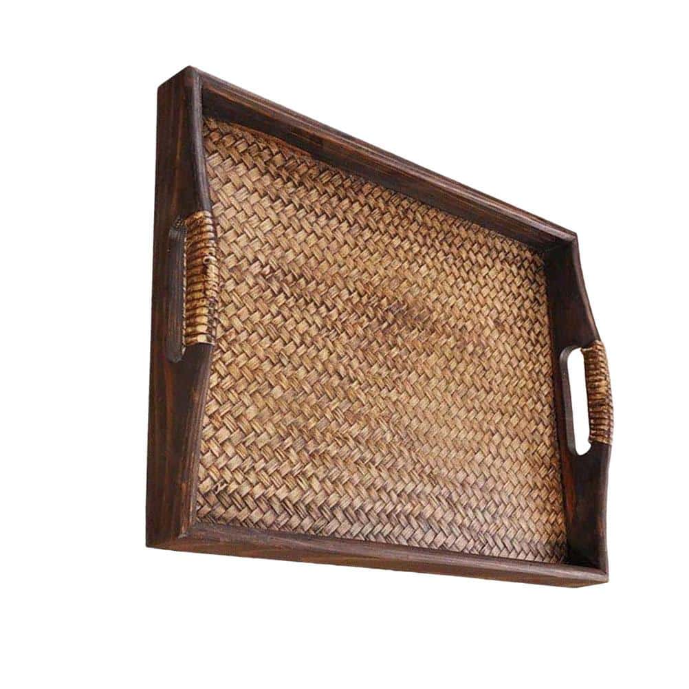 Plateau de service rectangulaire en rotin vintage
