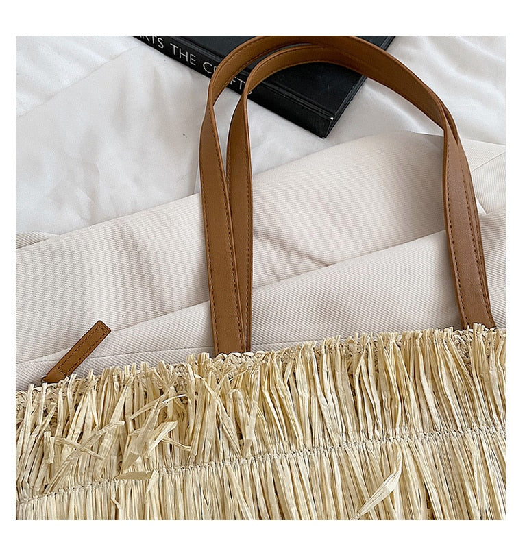 Sac à bandoulière tressé en paille blanche, avec franges, de grande capacité, pour femmes