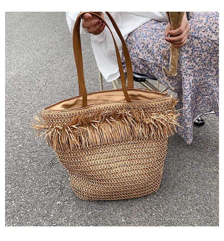 Sac à bandoulière tressé en paille marron, avec franges, de grande capacité, pour femmes