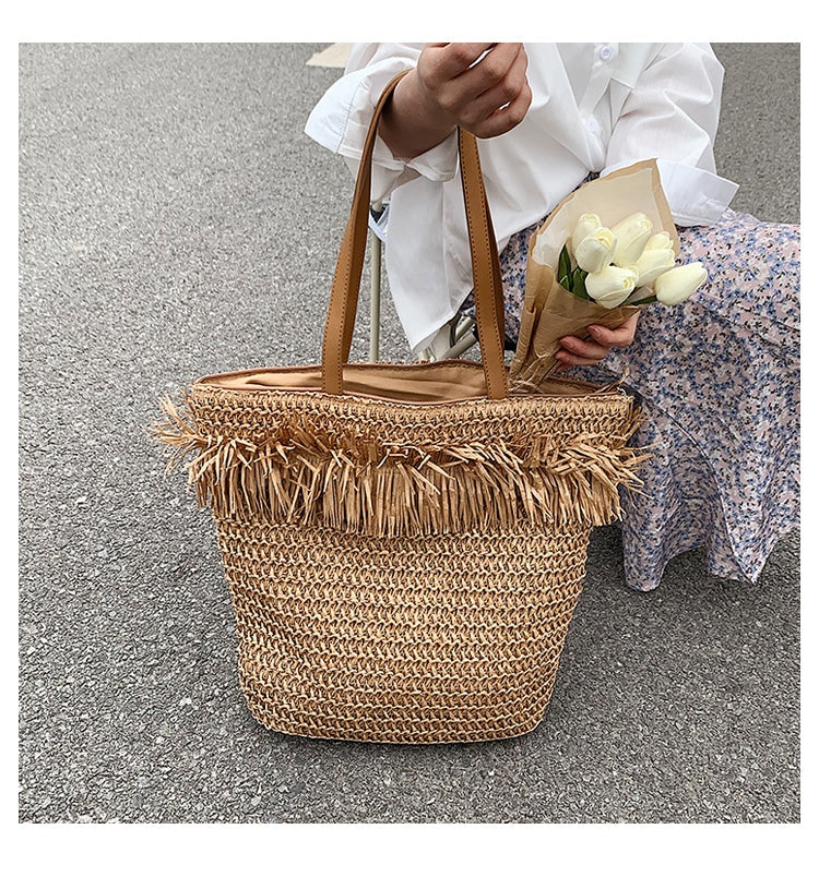 Sac à bandoulière tressé en paille marron, avec franges, de grande capacité, pour femmes