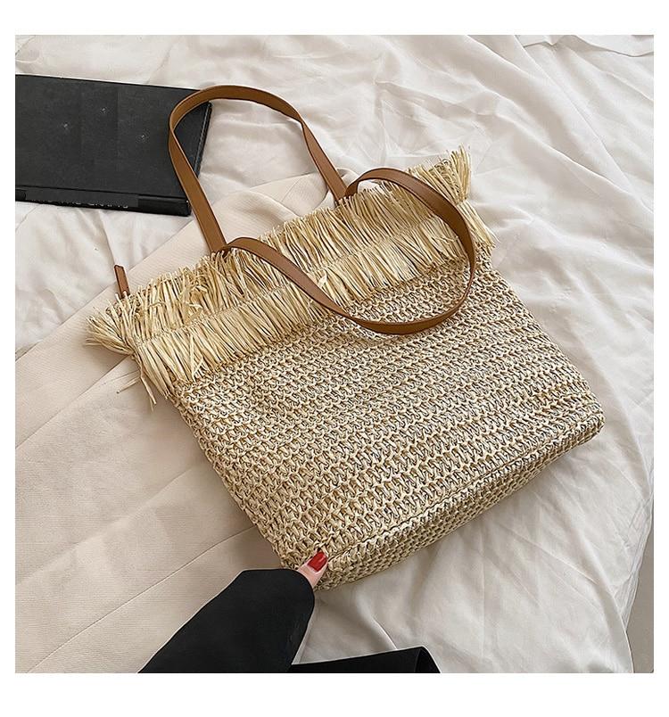 Sac à bandoulière tressé en paille blanche, avec franges, de grande capacité, pour femmes
