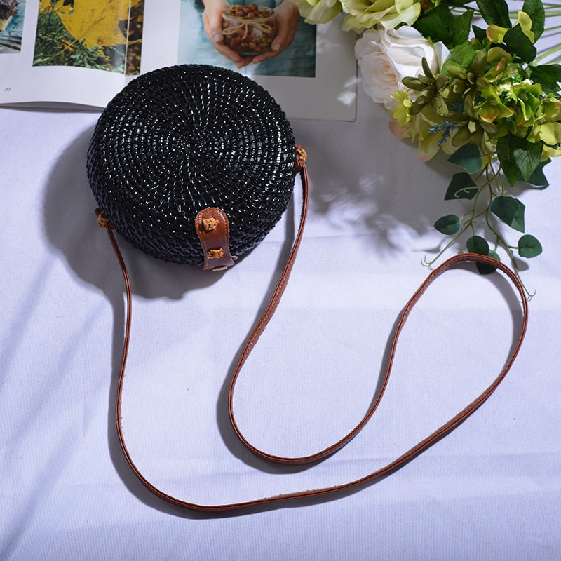 Sac à main rond bohème en rotin tissé à la main pour femme