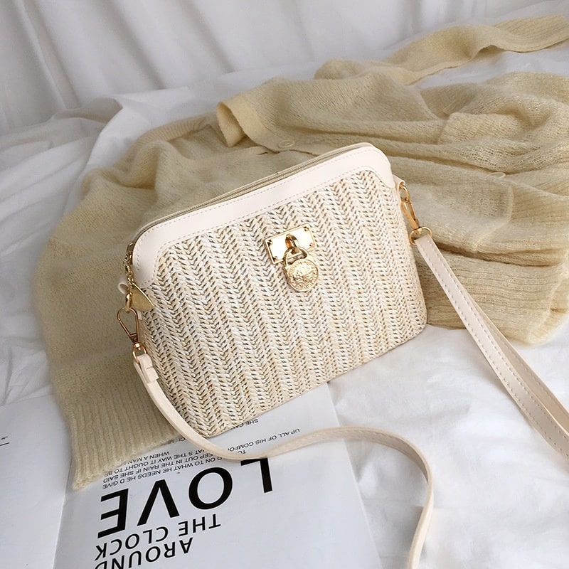 Sac à main de plage beige en rotin à chaînes pour femme