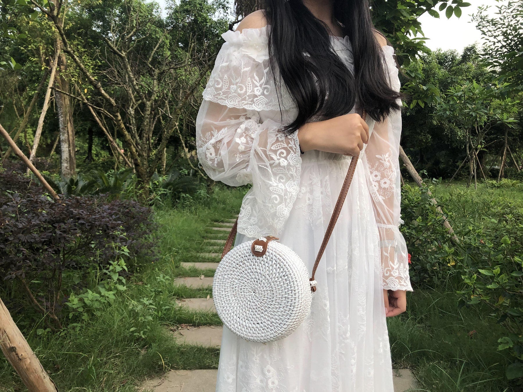 Sac à main rond bohème en rotin tissé à la main pour femme