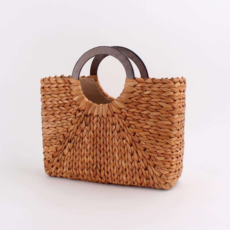 Sac à main vintage marron en rotin poignées en bois