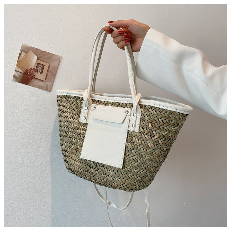 Sac d’été en paille de grande capacité fait à la main, blanc, pour femmes