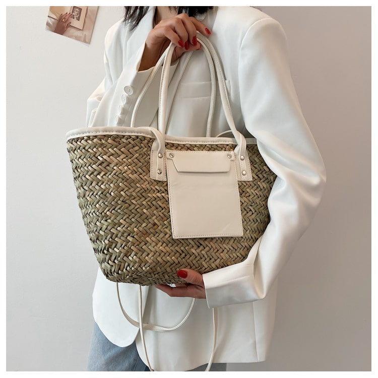 Sac d’été en paille de grande capacité fait à la main, blanc, pour femmes