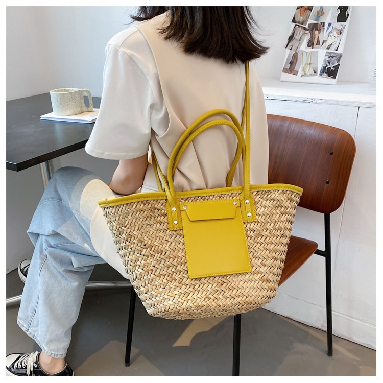 Sac d’été en paille de grande capacité fait à la main, jaune, pour femmes
