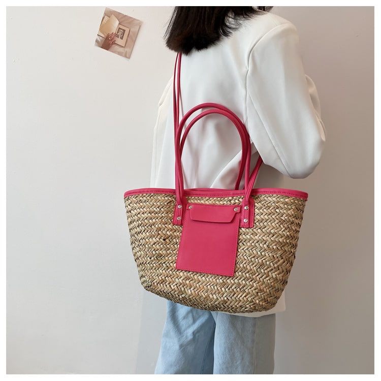 Sac d’été en paille de grande capacité fait à la main, rose, pour femmes