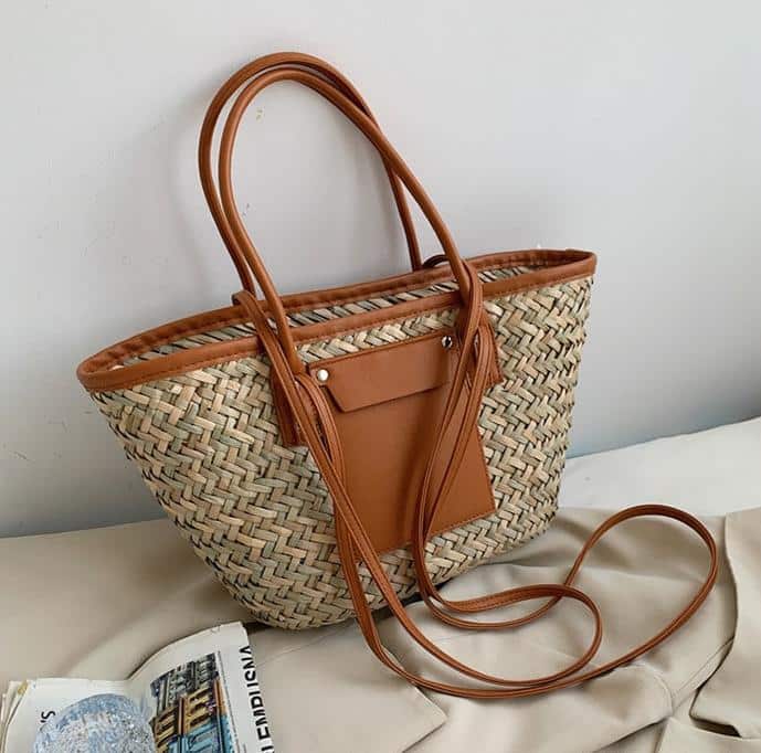 Sac d’été en paille de grande capacité fait à la main, marron, pour femmes