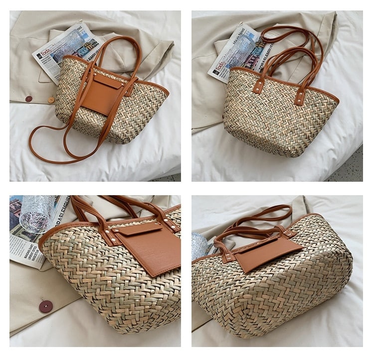 Sac de plage marron en rotin tissé