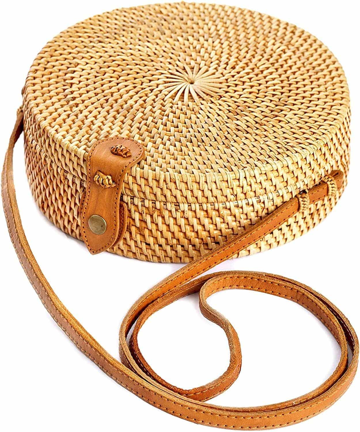 Sac rond en rotin à bandoulière marron