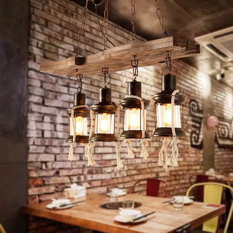 Suspension Bois Flotté Style Industriel avec Lanternes à LED