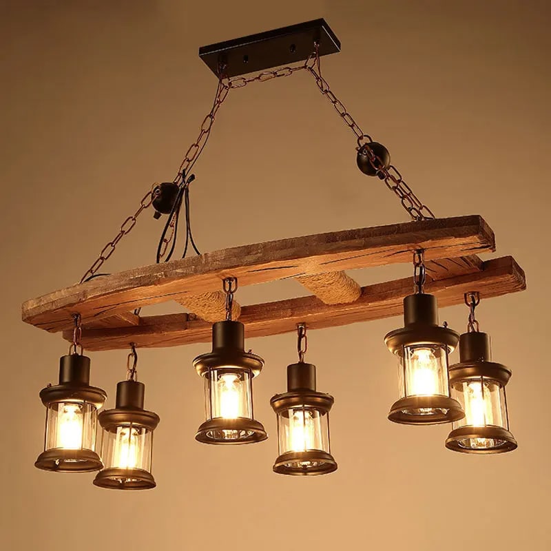Suspension Bois Flotté Style vintage avec Six Lanternes à LED