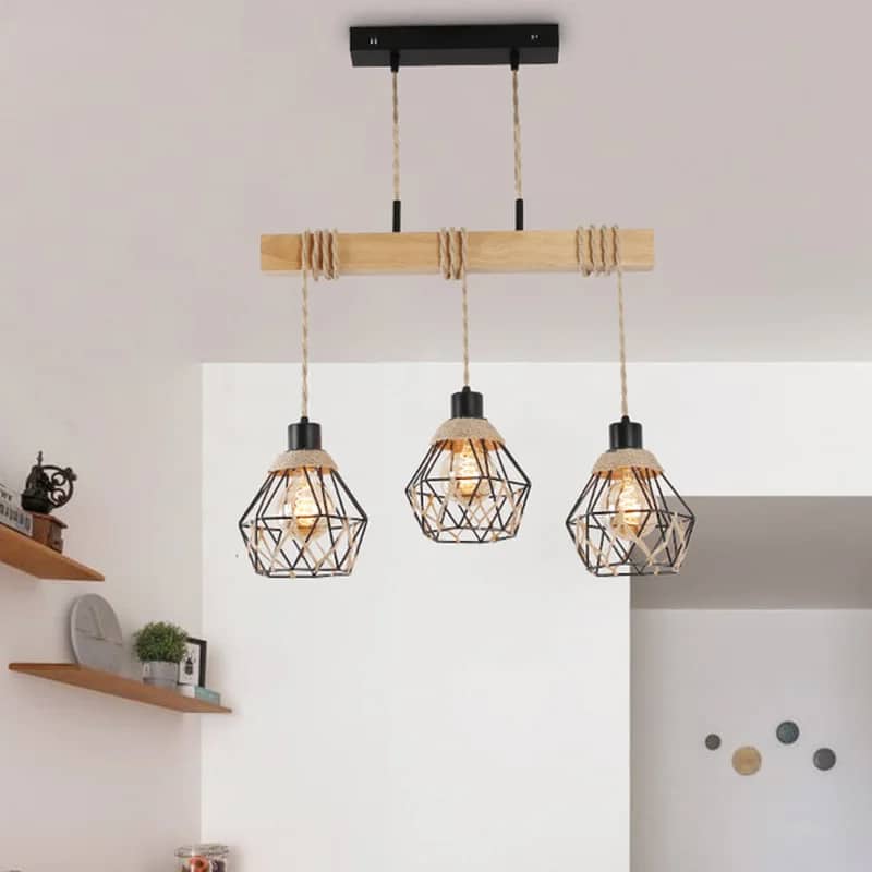 Suspension Bois LED de Style Vintage avec Corde de Chanvre