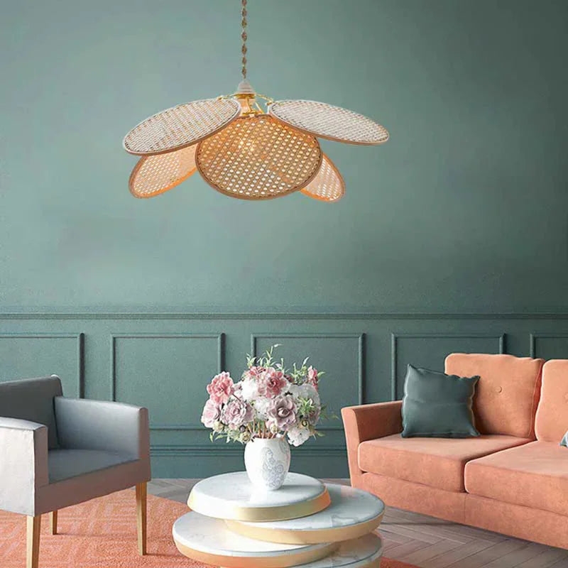 Suspension rotin cannage forme fleur pétales naturel | Floria