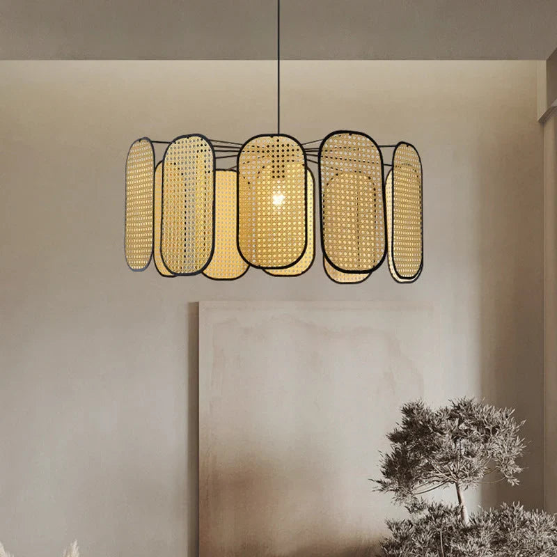Suspension rotin cannage panneaux ovales contour noir | Paloa