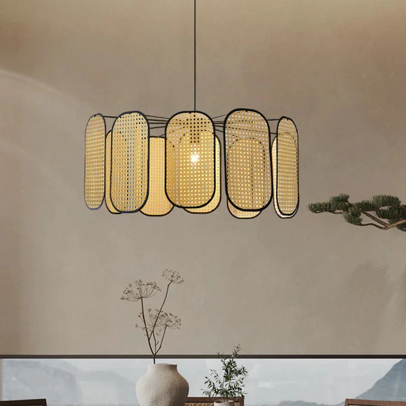 Suspension rotin cannage panneaux ovales contour noir | Paloa