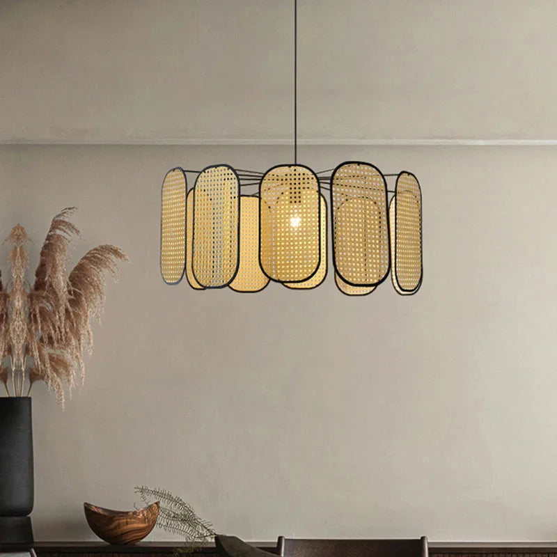 Suspension rotin cannage panneaux ovales contour noir | Paloa