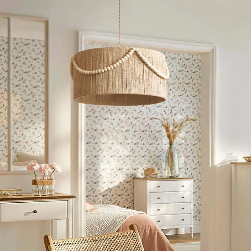 Suspension Effet Rotin de Style Rétro avec Perles en Bois